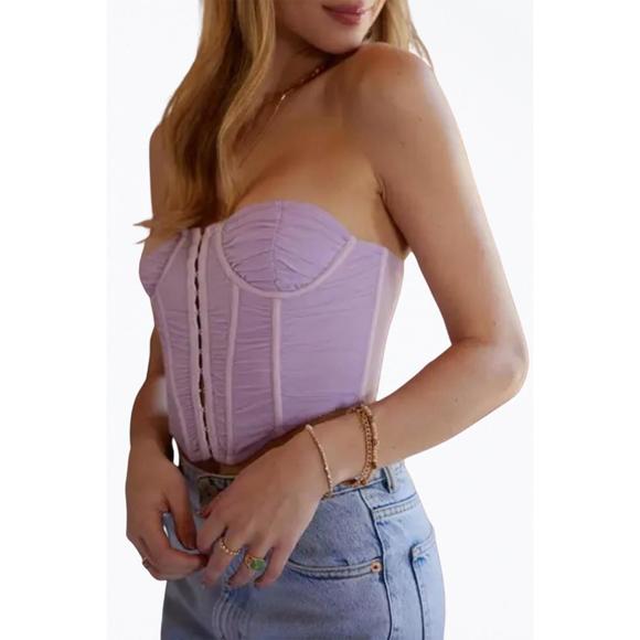 NEW ENDLESS BLU. cropped ruched stretch-mesh sleeveless bustier top in lavender - Picture 2 of 4